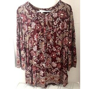 Lucky Brand Burgundy Red Floral Paisley scoop neck Long Sleeve Women Top 2X